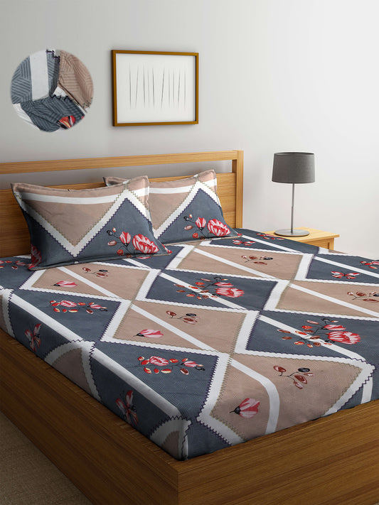 Arrabi Brown Floral TC Cotton Blend Double Size Fitted Bedsheet with 2 Pillow Cover ( 250 x 225 cm)
