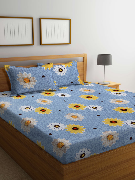 Arrabi Grey Floral TC Cotton Blend King Size Bedsheet with 2 Pillow Covers (250 X 215 cm)