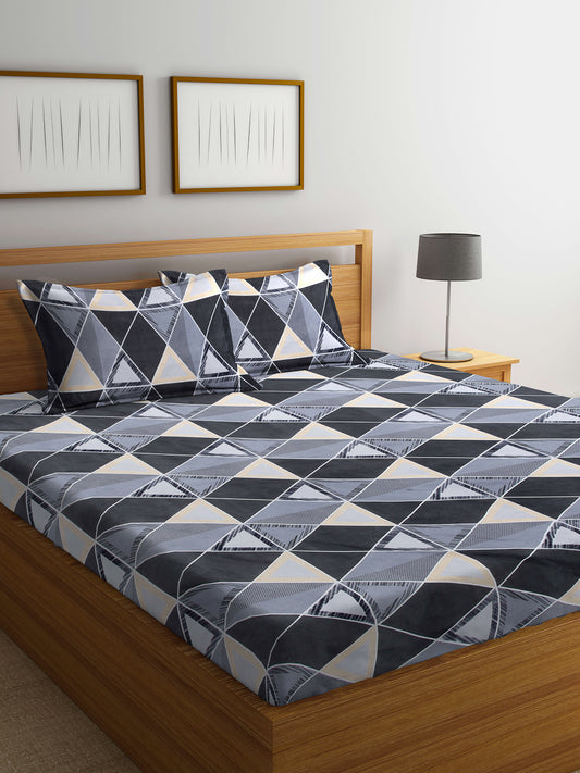 Arrabi Grey Geometric TC Cotton Blend Double Size Bedsheet with 2 Pillow Covers (250 x 215 cm)