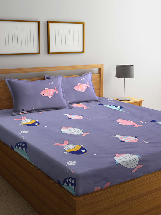 Arrabi Grey Cartoon TC Cotton Blend Double Size Bedsheet with 2 Pillow Covers (250 x 215 cm)