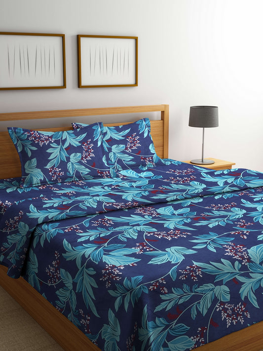 Arrabi Blue Leaf TC Cotton Blend Double Size Comforter Bedding Set with 2 Pillow Cover