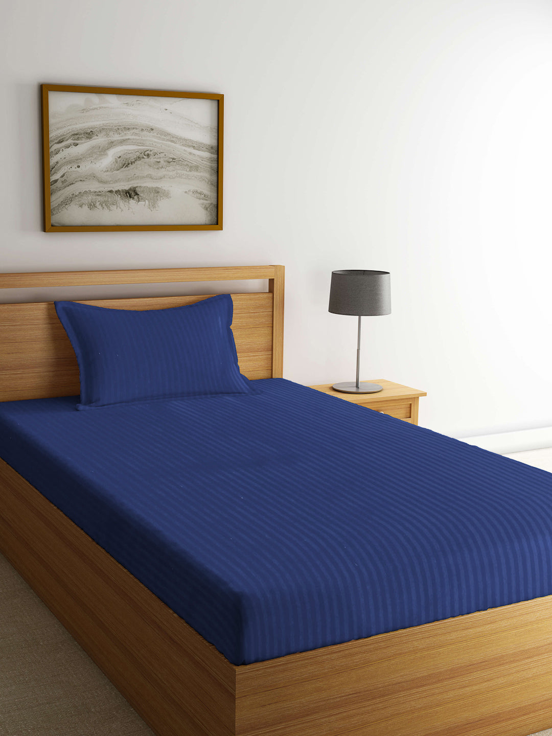 Arrabi Blue Stripes TC Cotton Blend Single Size Bedsheet with 1 Pillow Cover (220 X 150 cm)
