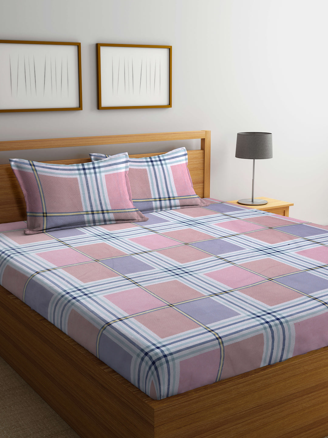 Arrabi Multi Checks TC Cotton Blend King Size Bedsheet with 2 Pillow Covers (250 X 215 cm)