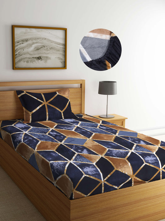 Arrabi Brown Geometric TC Cotton Blend Single Size Fitted Bedsheet with 1 Pillow Cover (220 X 150 cm)