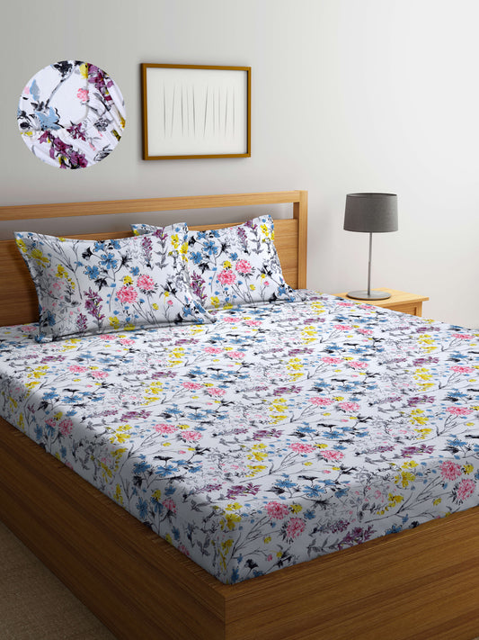 Arrabi White Floral TC Cotton Blend King Size Fitted Bedsheet with 2 Pillow Covers(250 X 215 Cm )