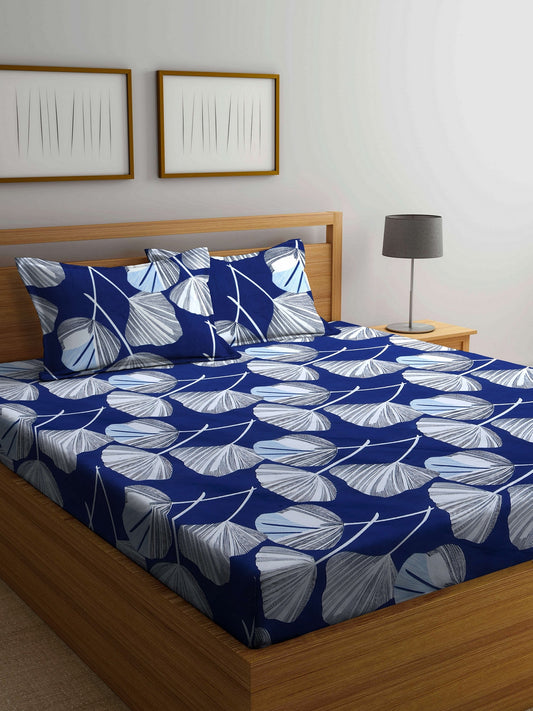 Arrabi Blue Floral TC Cotton Blend Double Size Bedsheet with 2 Pillow Covers (250 X 220 Cm)
