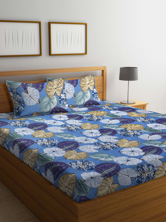 Arrabi Blue Leaf TC Cotton Blend Super King Size Bedsheet with 2 Pillow Covers (270 X 260 cm)