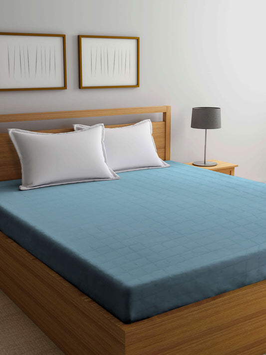 Arrabi Blue Solid TC Cotton Blend 210 GSM Double Bed Size Mattress Protector (250 X 230 cm)
