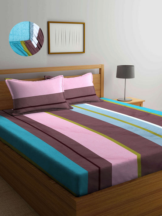 Arrabi Multi Stripes TC Cotton Blend King Size Fitted Bedsheet with 2 Pillow Covers (250 X 220 Cm )