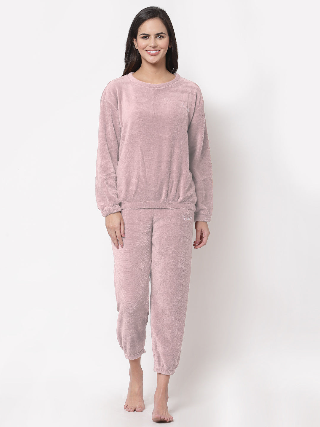 Arrabi Women LightPink Wool Blend Solid Winter Night Suit