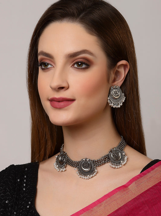 Arrabi Metallic Oxidised Jewellery Set with 2 Earrings (40 cm)