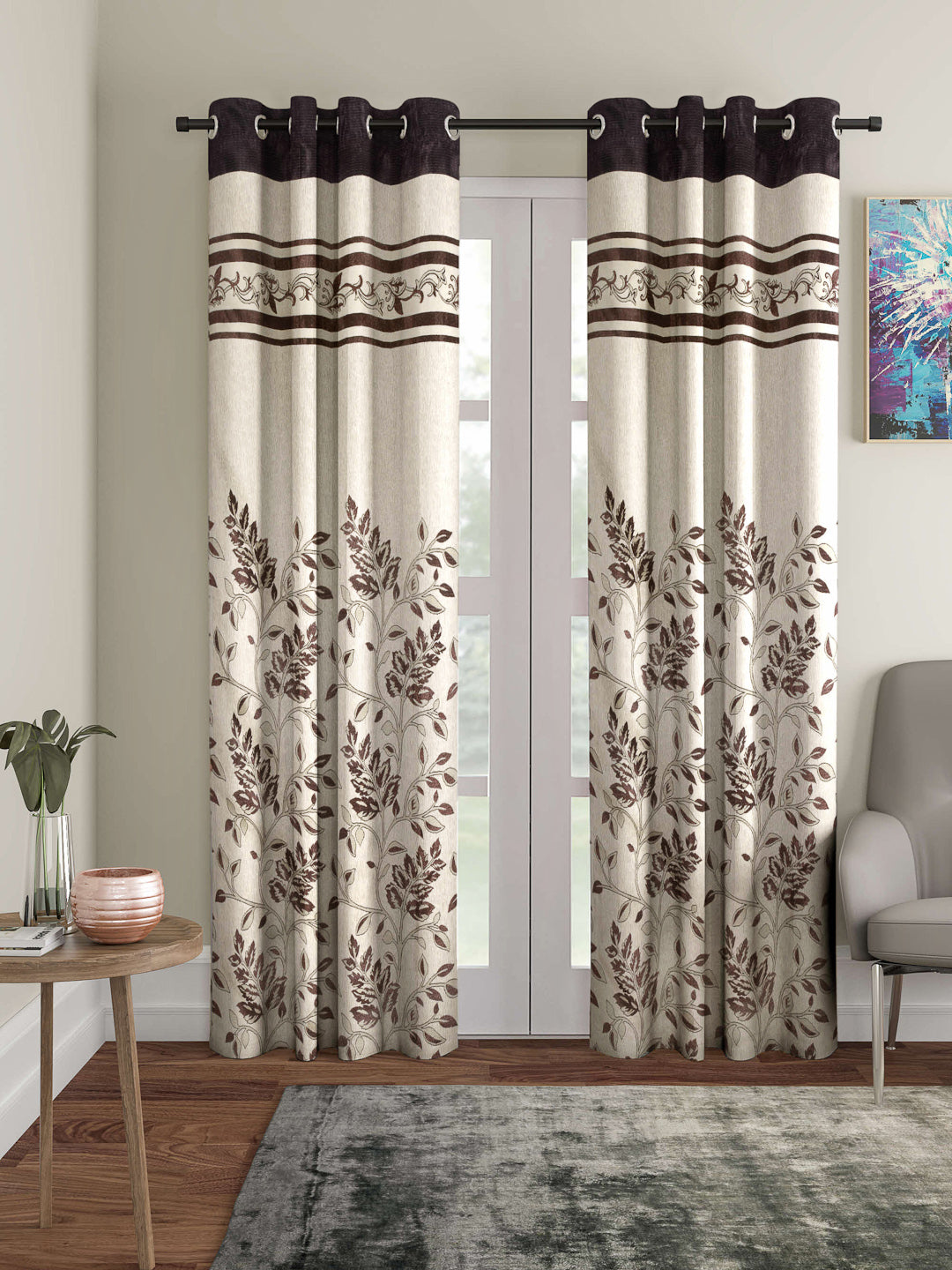 Arrabi Brown Leaf Print TC Cotton Blend Set of 2 Long Door Curtains (275 X 120 cm)