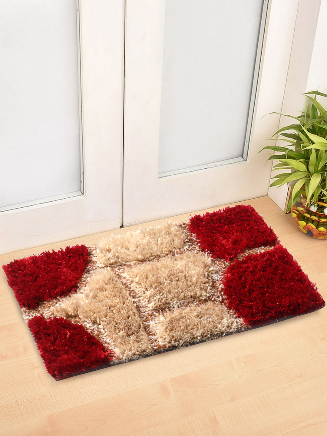 Arrabi Red Geometric Synthetic Full Size Floor Mat (60 X 40 cm) (Pack of 2)