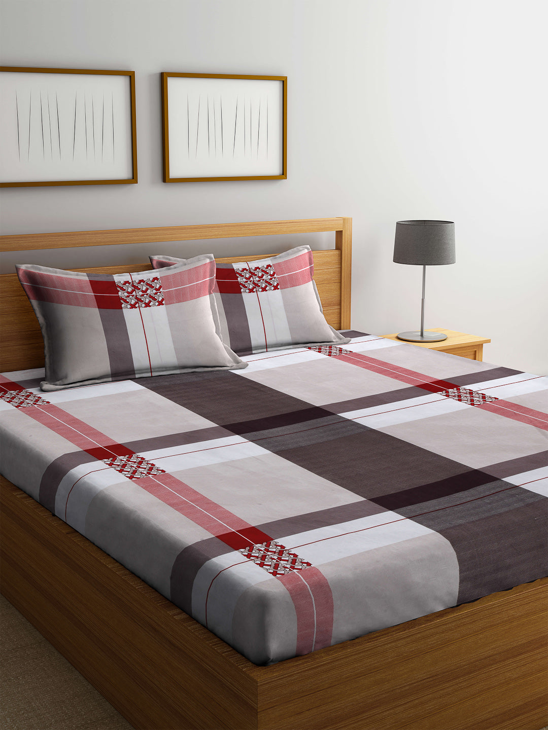 Arrabi Beige Stripes TC Cotton Blend Double Size Bedsheet with 2 Pillow Cover