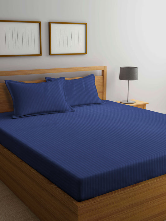 Arrabi Blue Stripes TC Cotton Blend Double Size Bedsheet with 2 Pillow Covers (250 x 220 cm)