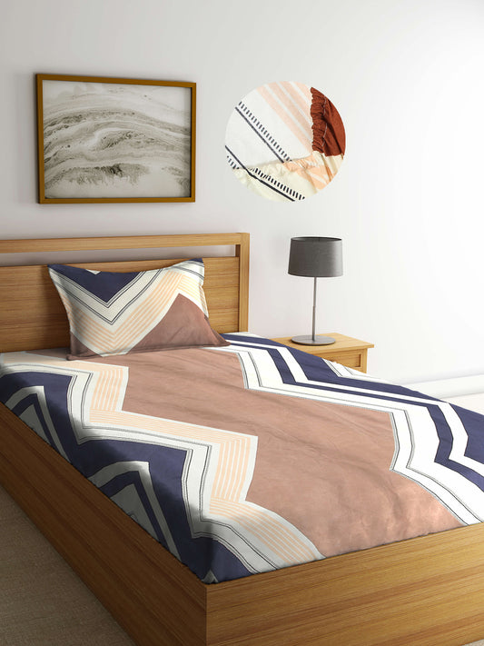 Arrabi Multi Geometric TC Cotton Blend Single Size Fitted Bedsheet with 1 Pillow Cover (220 X 150 cm)