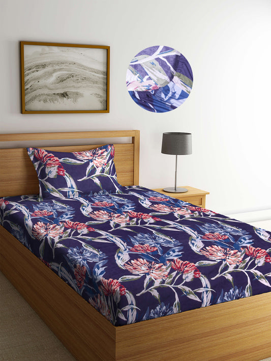 Arrabi Blue Floral TC Cotton Blend Single Size Fitted Bedsheet with 1 Pillow Cover (220 X 150 cm)