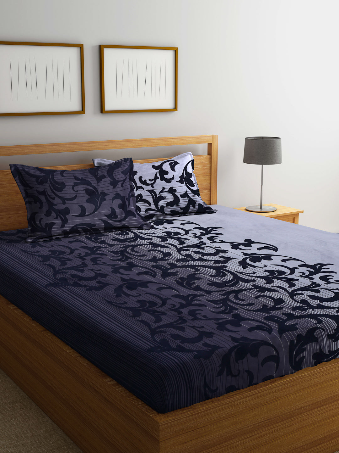 Arrabi Black Floral TC Cotton Blend King Size Bedsheet with 2 Pillow Covers (250 X 220 cm)