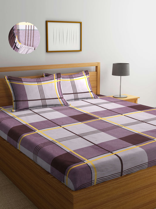 Arrabi Multi Checks TC Cotton Blend King Size Fitted Bedsheet with 2 Pillow Covers (250 X 215 Cm )