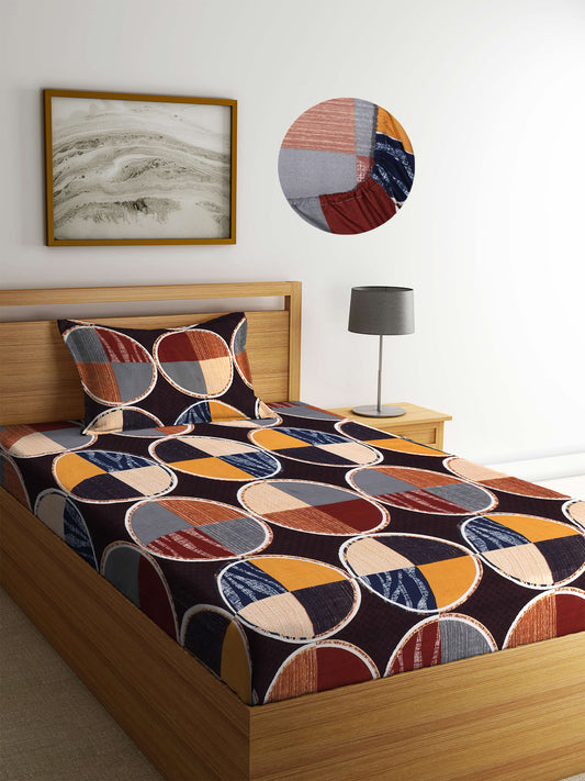 Arrabi Multi Geometric TC Cotton Blend Single Size Fitted Bedsheet with 1 Pillow Cover (220 X 150 cm)