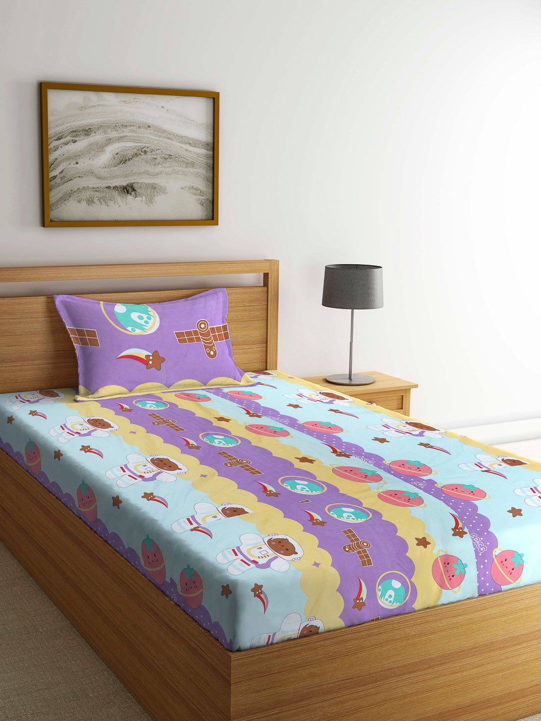 Arrabi Multi Cartoon TC Cotton Blend Single Size Bedsheet with 1 Pillow Cover (220 X 150 cm)