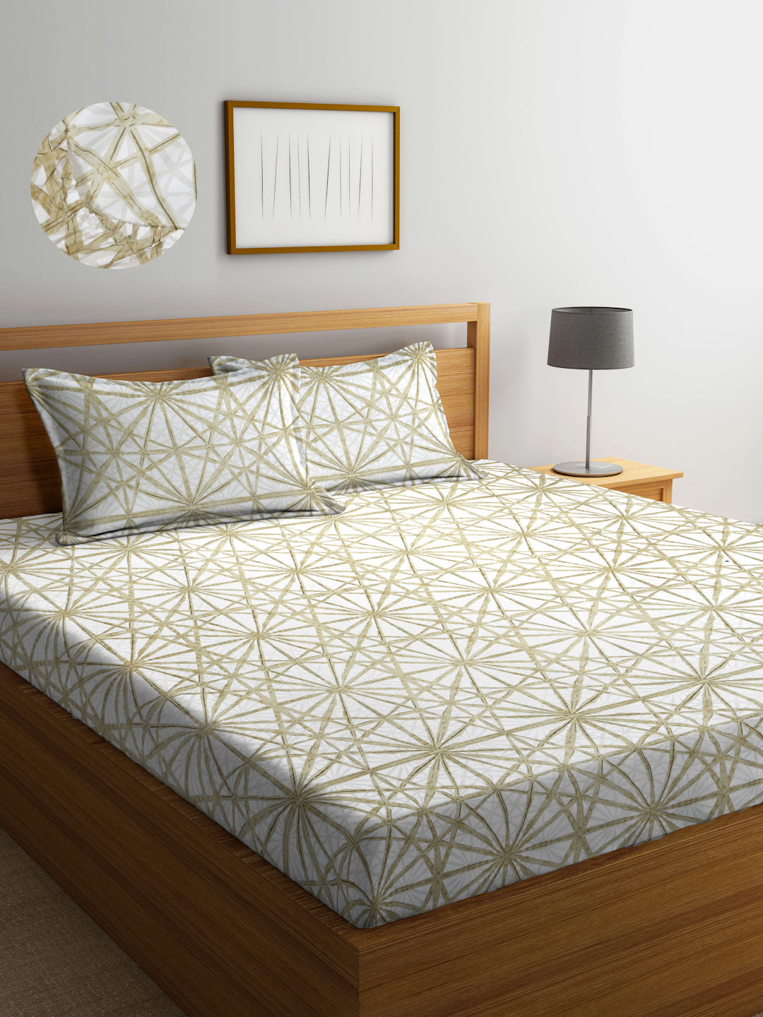 Arrabi Beige Geometric TC Cotton Blend King Size Fitted Bedsheet with 2 Pillow Covers(250 X 215 Cm )