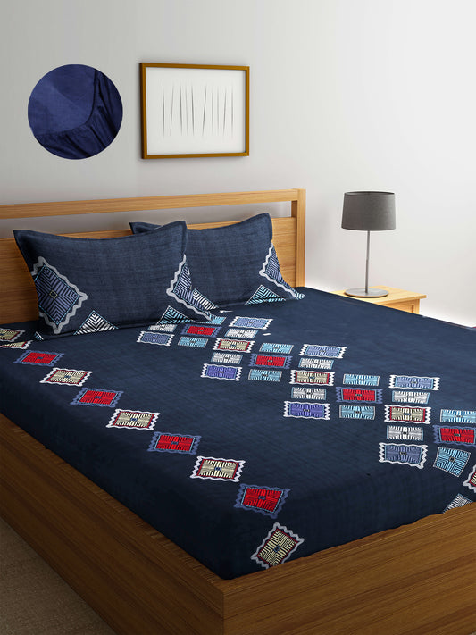 Arrabi Multi Geometric TC Cotton Blend Super King Size Fitted Bedsheet with 2 Pillow Covers(270 X 260 Cm )