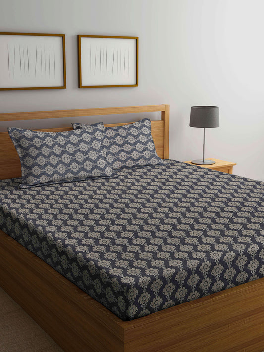 Arrabi Black Indian Handwoven Cotton King Size Bedsheet with 2 Pillow Covers (260 X 230 cm)
