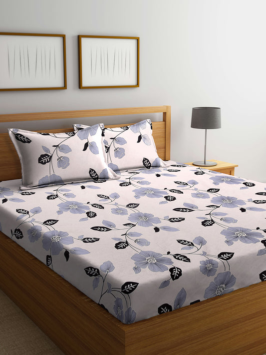 Arrabi Beige Floral TC Cotton Blend Super King Size Bedsheet with 2 Pillow Covers (270 X 260 cm)