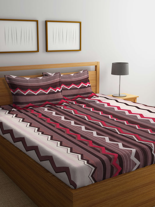 Arrabi Brown Geometric TC Cotton Blend King Size Bedsheet with 2 Pillow Covers (250 X 220 cm)