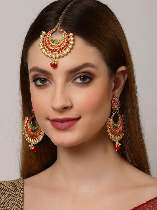 Arrabi Multi Oxidised Kundan Studded Maang Tika & Earrings Set (17 cm)