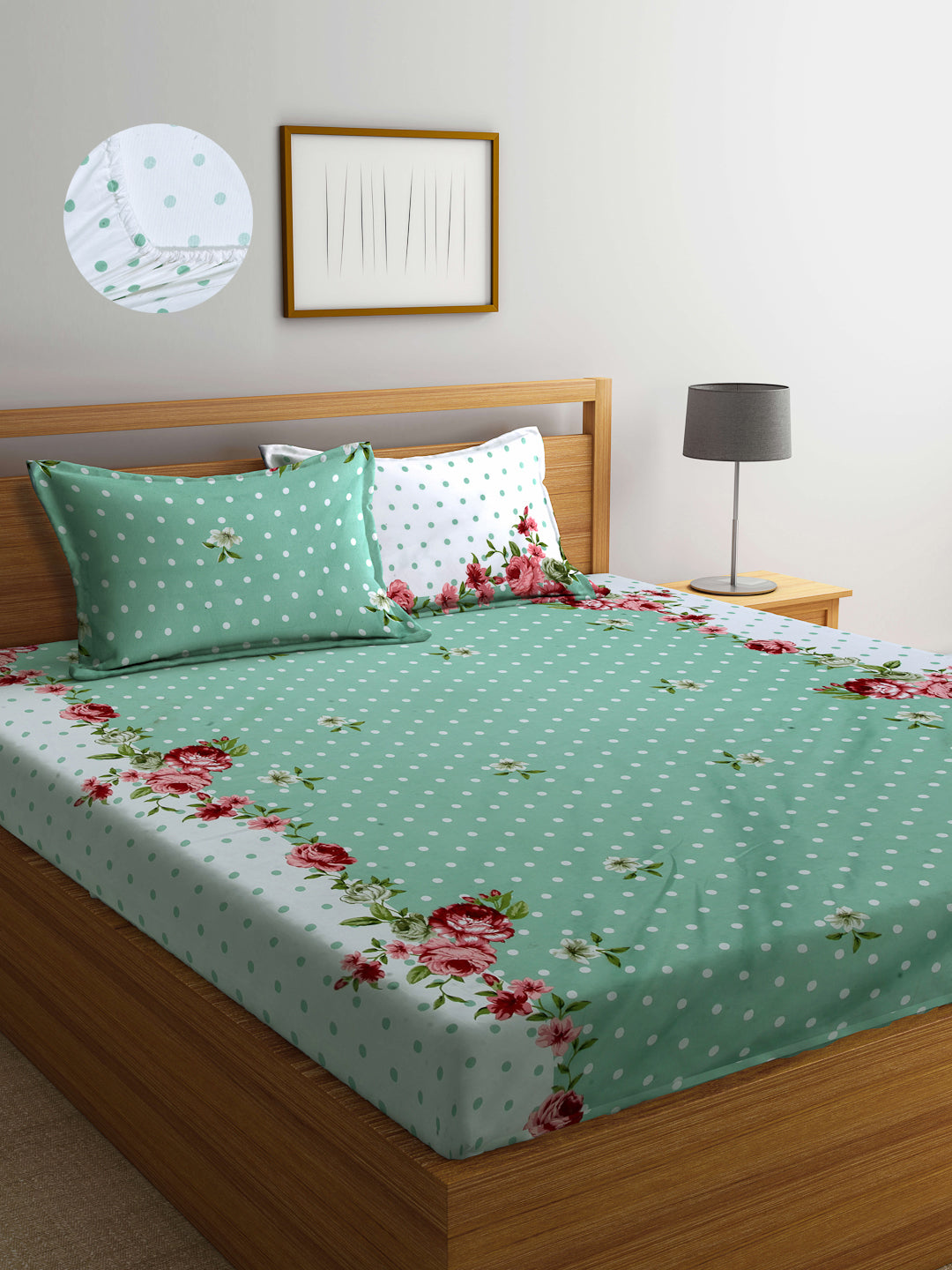 Arrabi Green Floral TC Cotton Blend King Size Fitted Bedsheet with 2 Pillow Covers (250 X 215 Cm )