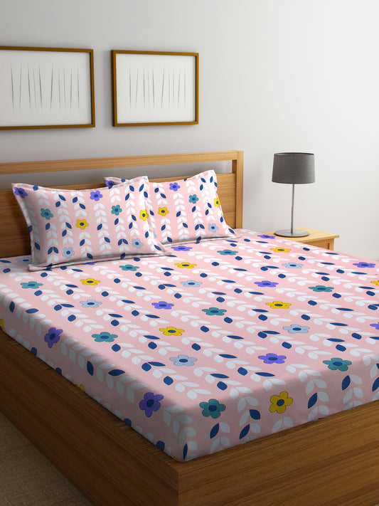 Arrabi Pink Leaf TC Cotton Blend Super King Size Bedsheet with 2 Pillow Covers (270 X 260 cm)