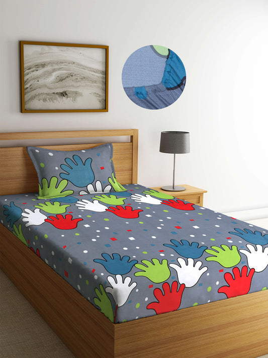Arrabi Grey Graphic TC Cotton Blend Single Size Fitted Bedsheet with 1 Pillow Cover (220 X 150 cm)