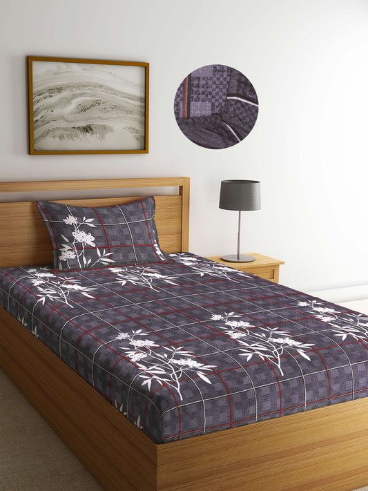 Arrabi Grey Floral TC Cotton Blend Single Size Fitted Bedsheet with 1 Pillow Cover (220 X 150 cm)