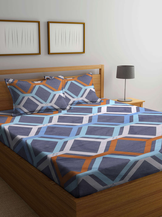 Arrabi Grey Geometric TC Cotton Blend Double King Size Bedsheet with 2 Pillow Covers (270 x 260 cm)