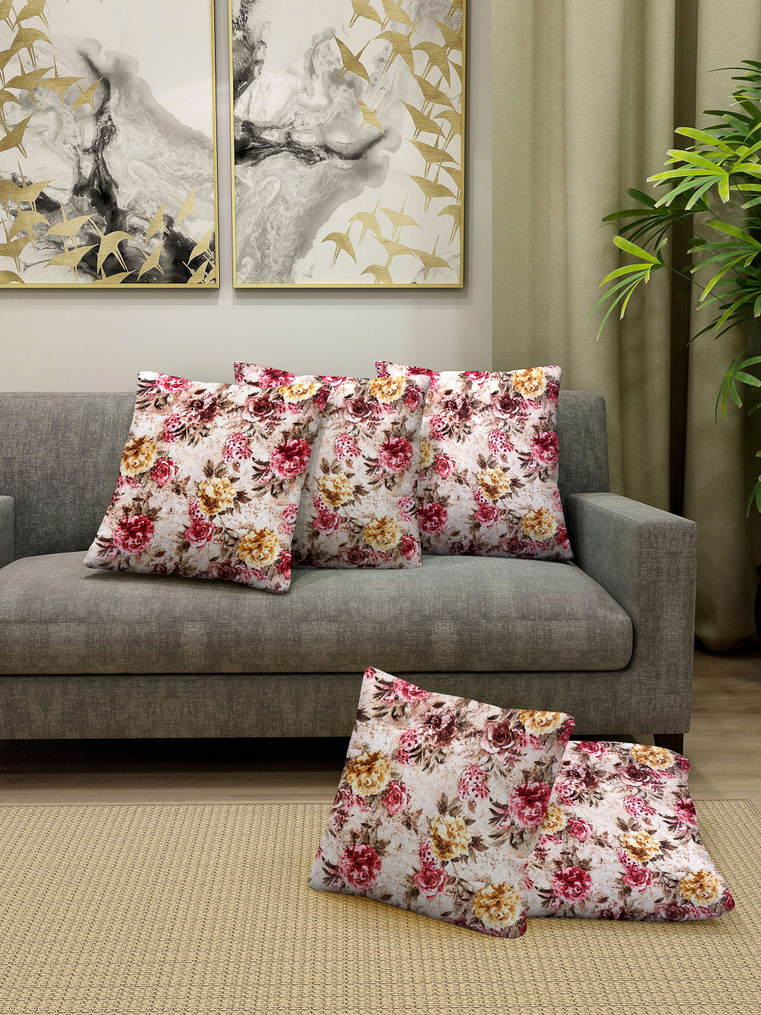 Arrabi Pink Floral TC Chenille Cotton Blend Cushion Covers (Pack of 5) (40 x 40 cm)