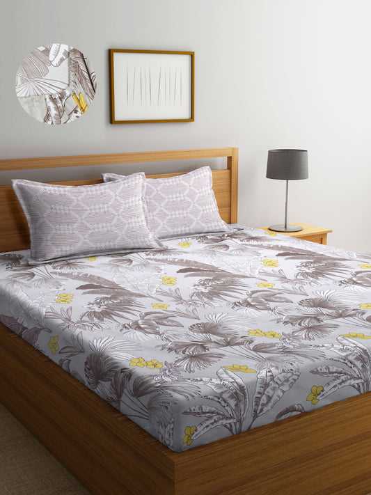 Arrabi Brown Leaf TC Cotton Blend Super King Size Fitted Bedsheet with 2 Pillow Covers(270 X 260 Cm )