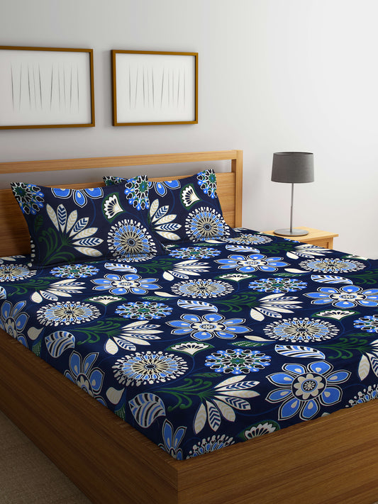 Arrabi Blue Floral TC Cotton Blend King Size Bedsheet with 2 Pillow Covers (250 X 215 cm)