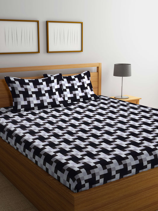 Arrabi Black Graphic TC Cotton Blend King Size Bedsheet with 2 Pillow Covers (250 X 215 cm)