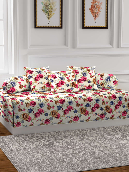 Arrabi White Set of 6 Floral Handwoven Chenille Diwan Set (225 x150 cm)