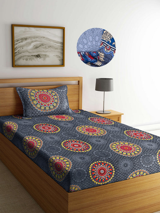 Arrabi Grey Indian TC Cotton Blend Single Size Fitted Bedsheet with 1 Pillow Cover (220 X 150 cm)