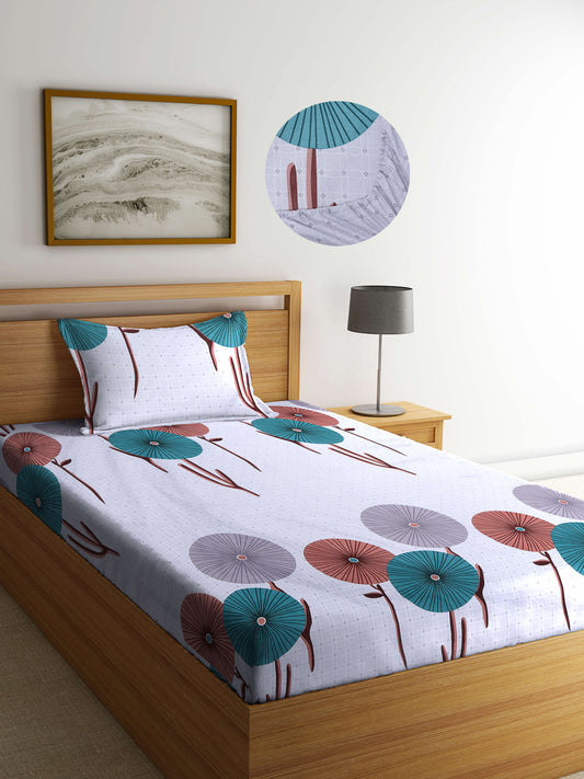Arrabi Grey Floral TC Cotton Blend Single Size Fitted Bedsheet with 1 Pillow Cover (220 X 150 cm)