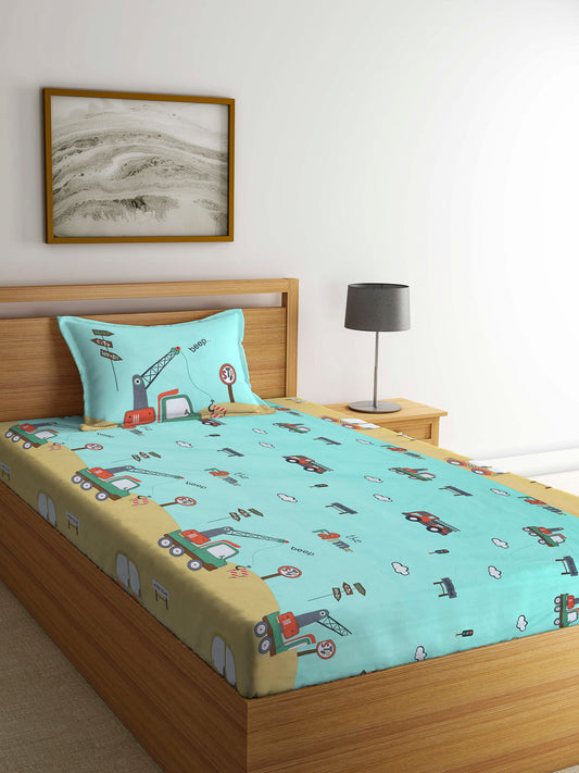 Arrabi Green Cartoon TC Cotton Blend Single Size Bedsheet with 1 Pillow Cover (220 X 150 cm)