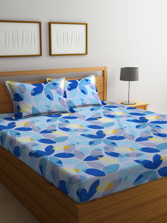 Arrabi Grey Leaf TC Cotton Blend King Size Bedsheet with 2 Pillow Covers (250 X 215 cm)