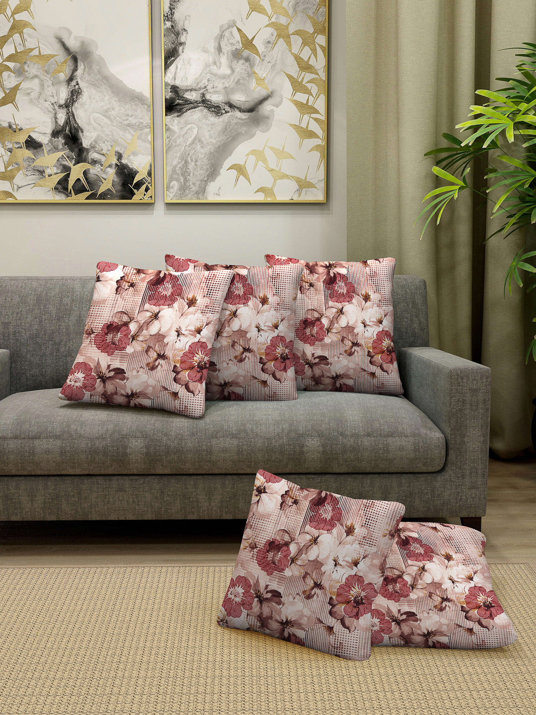 Arrabi Brown Floral TC Cotton Blend Cushion Covers (Pack of 5) (40 x 40 cm)