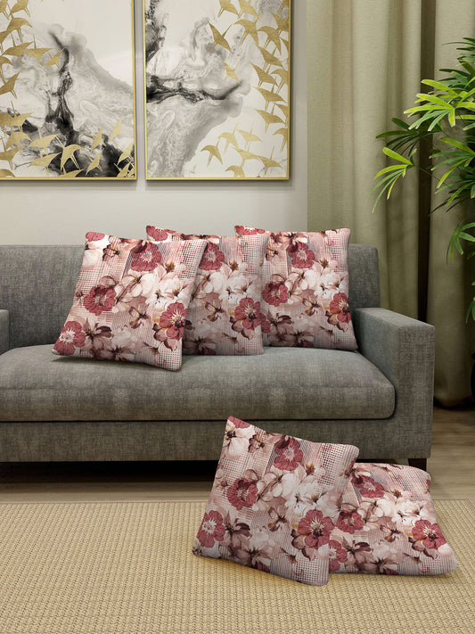 Arrabi Brown Floral TC Cotton Blend Cushion Covers (Pack of 5) (40 x 40 cm)