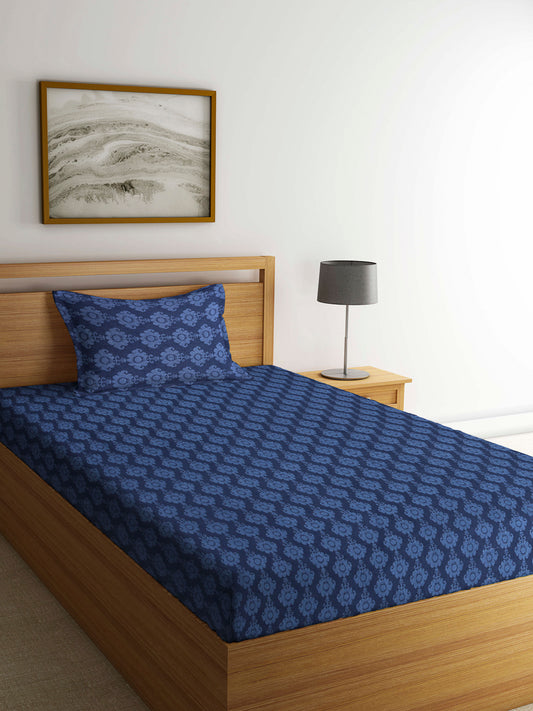 Arrabi Blue Indian Handwoven Cotton Single Size Bedsheet with 1 Pillow Cover (230 X 150 cm)