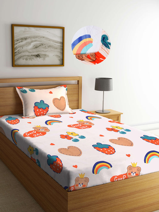Arrabi Multi Cartoon TC Cotton Blend Single Size Fitted Bedsheet with 1 Pillow Cover (220 X 150 cm)