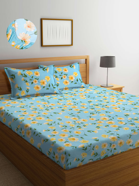 Arrabi Teal Floral TC Cotton Blend King Size Fitted Bedsheet with 2 Pillow Covers(250 X 215 Cm )